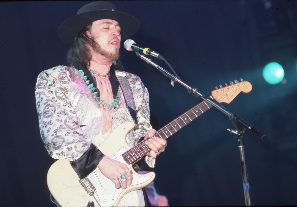Stevie Ray Vaughan in White on Soul to Soul Tour 1985 Photo Print