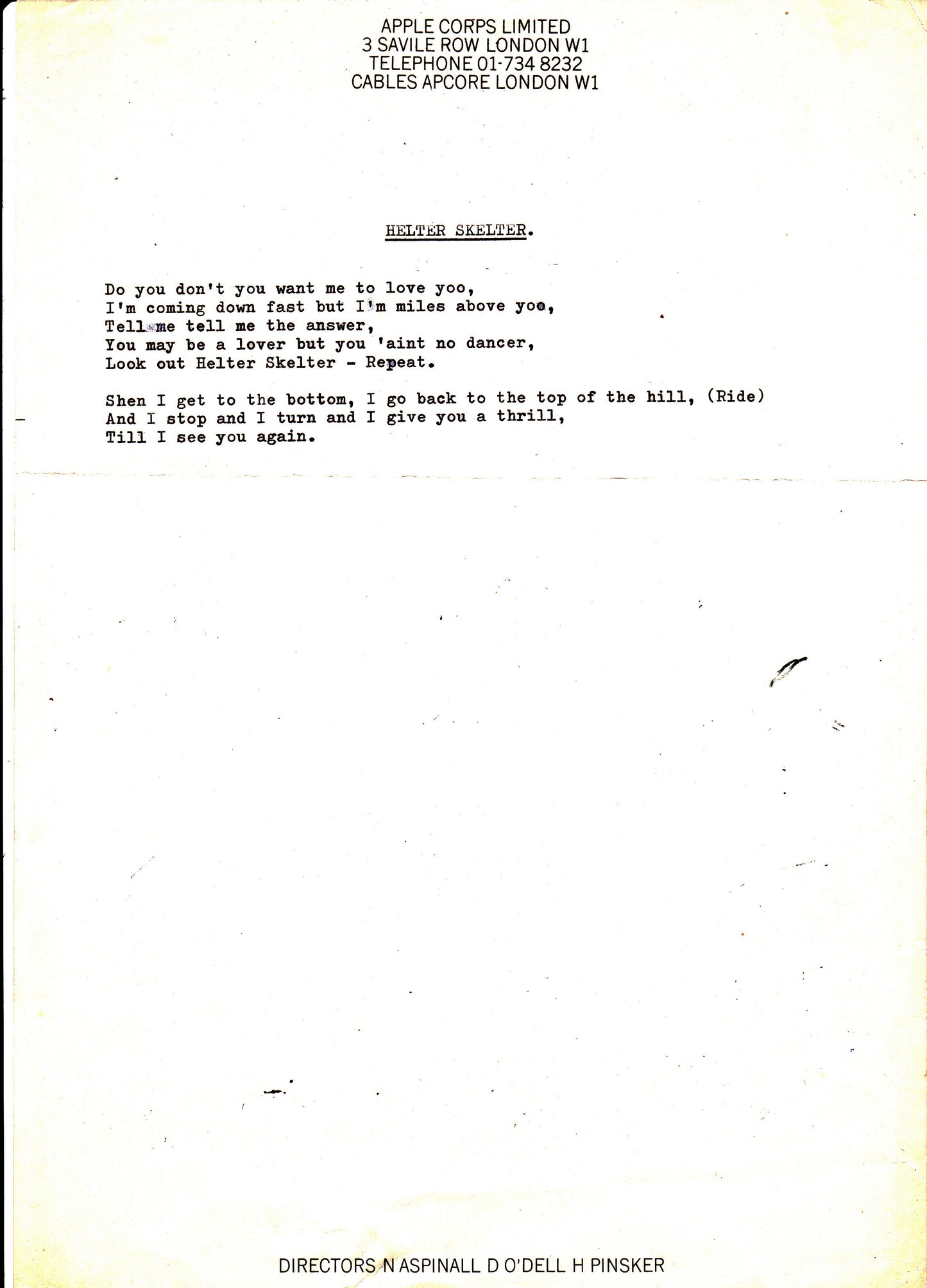 EXCLUSIVE: Work-in-Progress "Helter Skelter" Lyrics on 1968 Apple Stationery