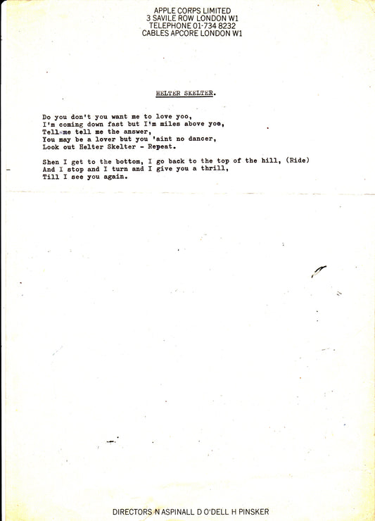 EXCLUSIVE: Work-in-Progress "Helter Skelter" Lyrics on 1968 Apple Stationery